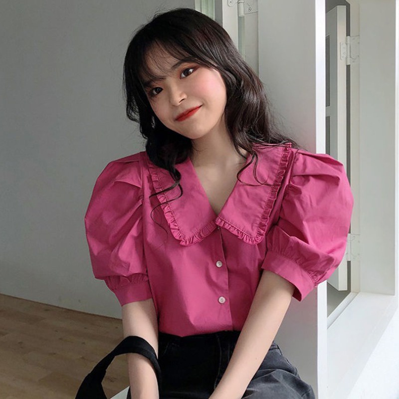 Áo Sơ Mi Tay Ngắn Phồng Cổ Búp Bê Màu Trơn Phong Cách Hàn Quốc Thời Trang Cho Nữ