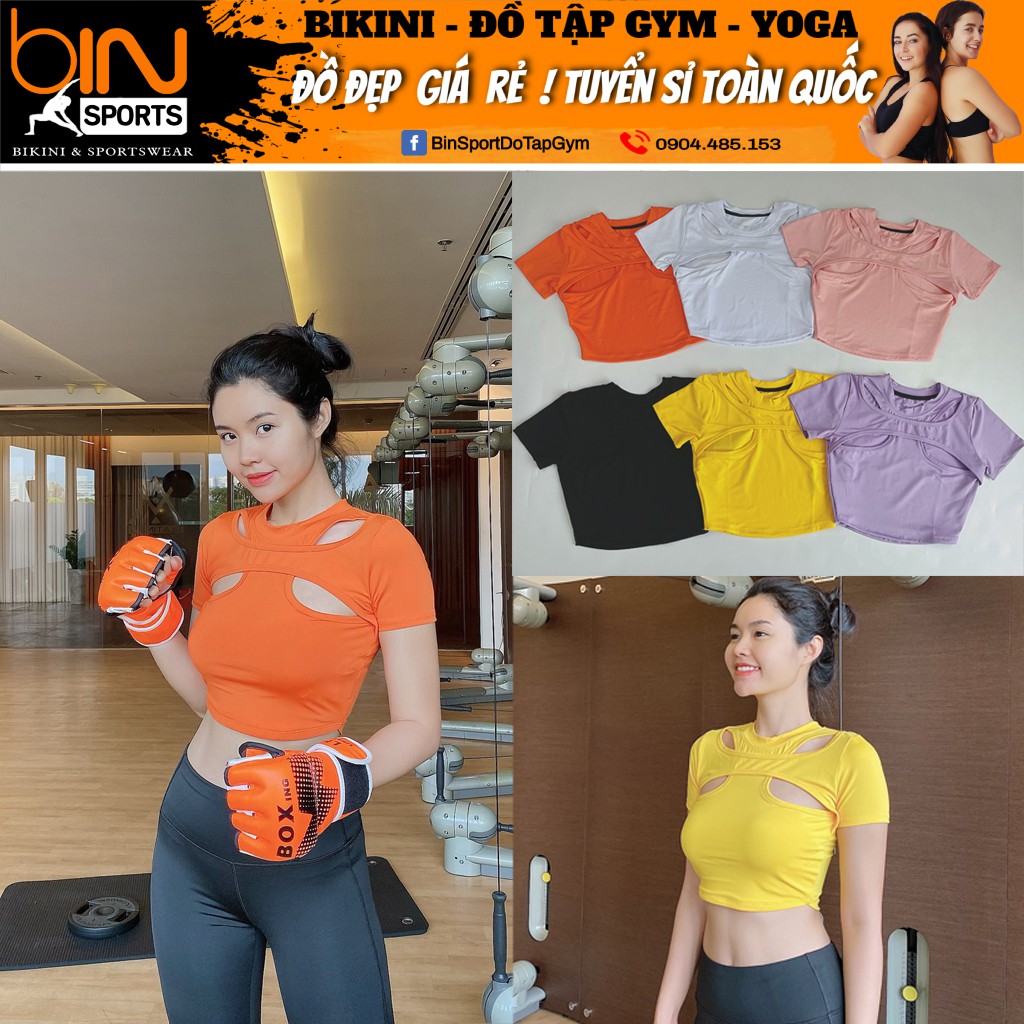 Aó Tập Gym Nữ Crop Kèm Mút Đồ Tập Yoga Aerobic Thể Thao Bin Sports A137