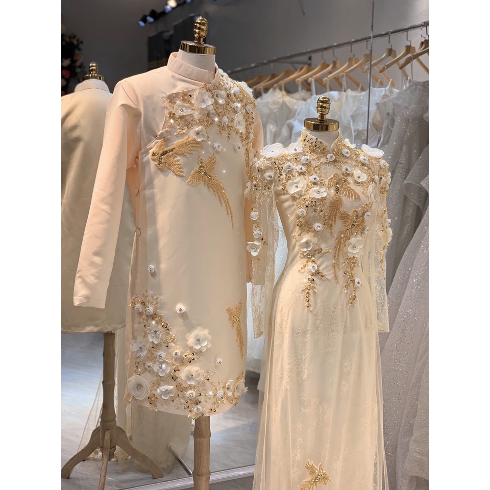 Áo Dài Cưới Cặp Cô Dâu Chú Rể May Sẵn Áo Dài Ren Chim Thiết Kế Sang Trọng