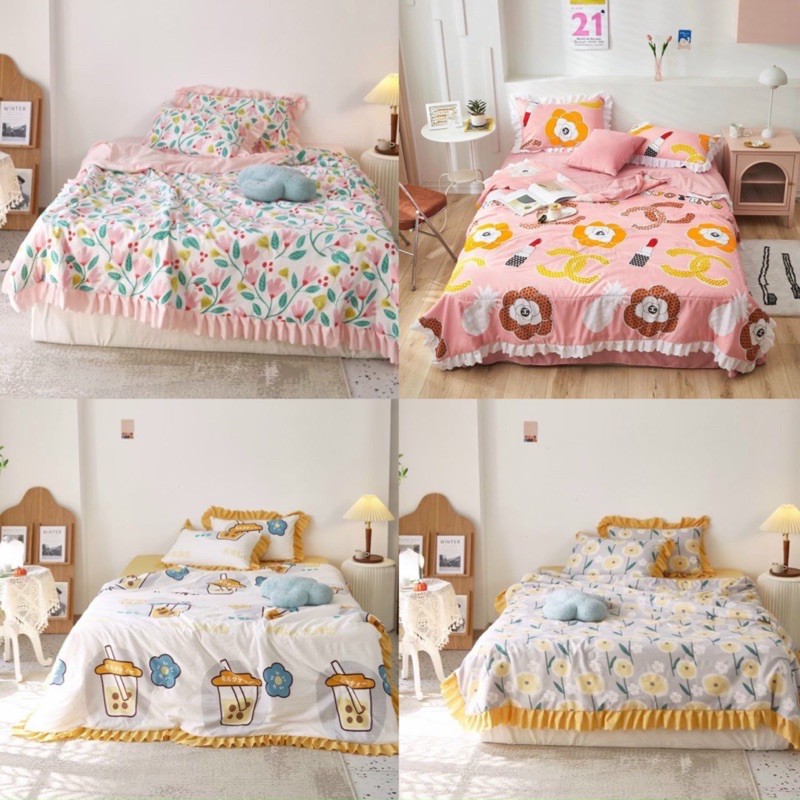 SIÊU PHẨM HÀNG HÈ ! Bộ Chăn trần hè + ga gối mỏng 4 món Chất Liệu Đũi Mềm mịn /thoáng mát(Bộ Chăn Ga Gối Đũi Viền Bèo)