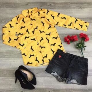 Sơ mi lụa in hình chó vàng