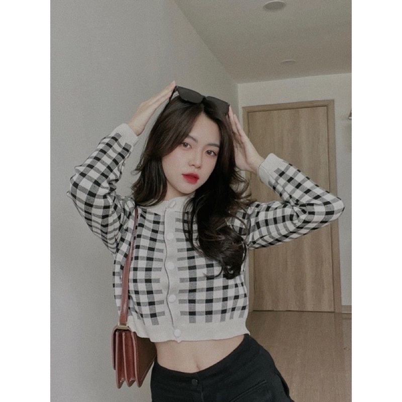 Áo Khoác Cardigan Dệt Kim Cổ Tròn Sọc Caro Phong Cách Hàn Quốc Thời Trang Mùa Thu Cho Nữ