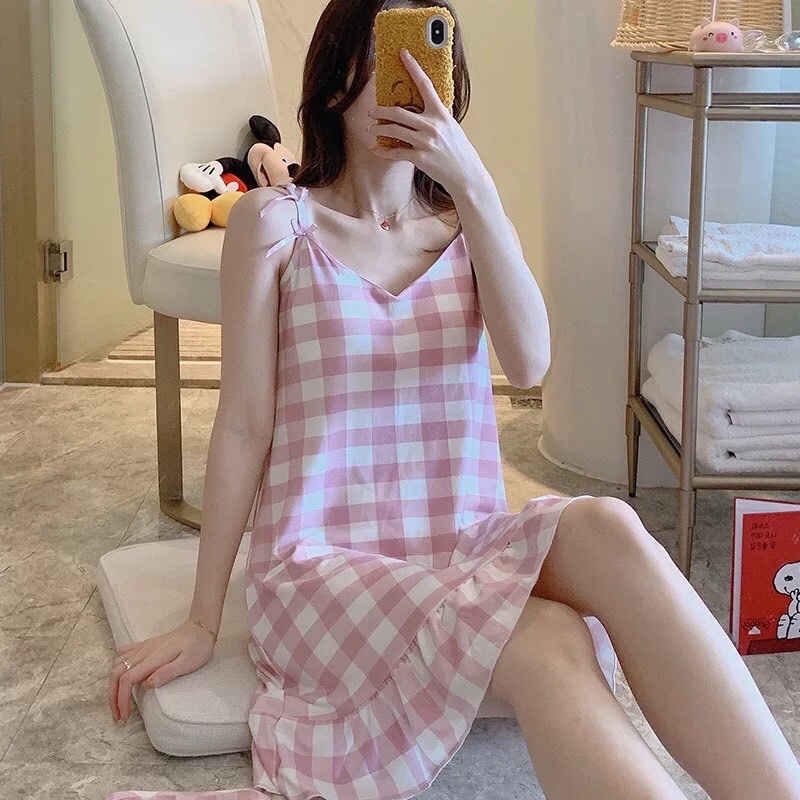 VÁY NGỦ HAI DÂY CHẤT COTTON STYLE HÀN SIÊU XINH TẶNG KÈM MÚT ĐỆM NGỰC