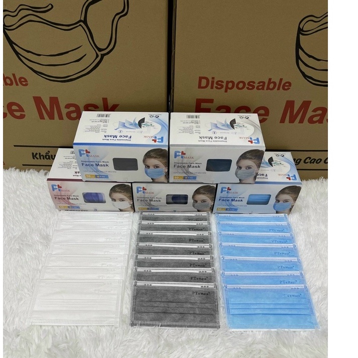 Khẩu Trang Y Tế 4 Lớp PTmask Màu Xanh, Xám, Trắng (1 Thùng 50 Hộp, 1 Hộp 50 Cái)