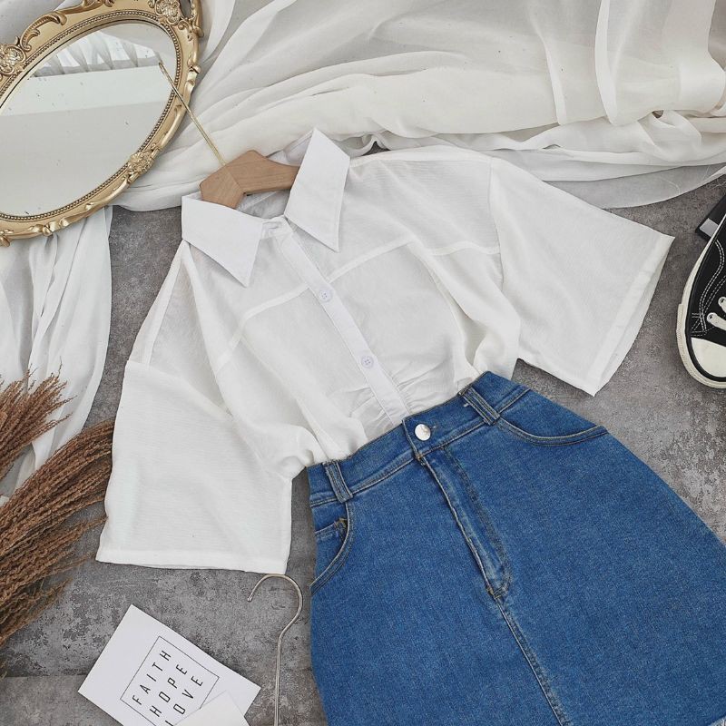 Set áo trắng + chân váy jean form A