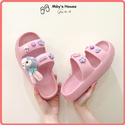 Dép quai ngang nữ, Dép bánh mì nữ 2 quai đính gấu phong cách ulzzang hàn quốc phối màu dễ thương QN-02 – Mây’s House