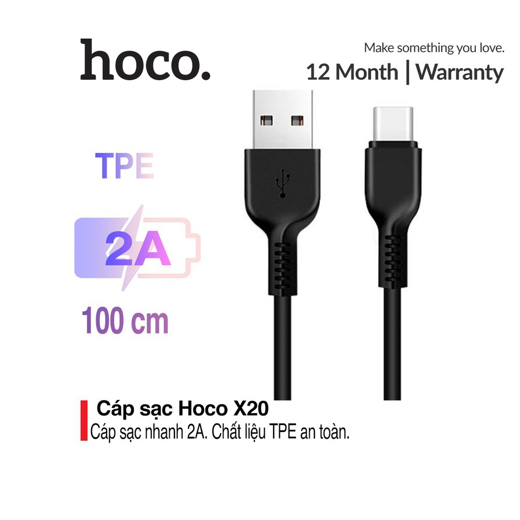 Cáp sạc nhanh 2A Max Hoco X20 Type-C hỗ trợ truyền dữ liệu nhanh chóng dài 1M/2M/3M cho Android