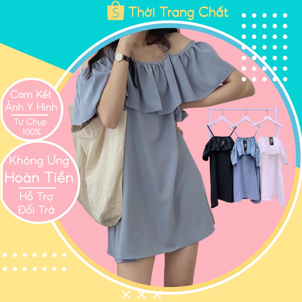 Váy trễ vai nữ phối bèo 1 tầng, Đầm hai dây phối bèo trễ vai tay ngắn chất voan về nhiều màu hot trend