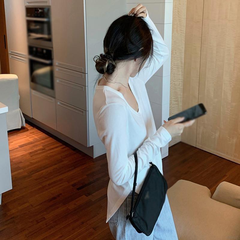 Áo Thun Tay Dài Cổ Tròn Dáng Rộng Màu Sắc Đơn Giản Phong Cách Hàn Quốc