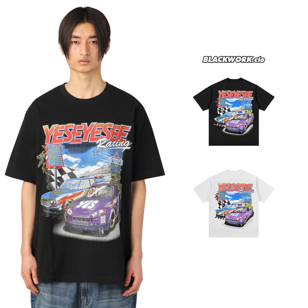 Áo Thun Vintage Racing Yeseyesee Tay Lỡ Unisex - Đen/Trắng Cổ Tròn | Blackwork