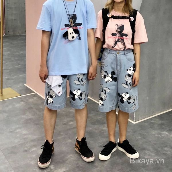 Summer Korean Style Cartoon Printed Mickey Denim Shorts Couple Loose High Waist Straight Wide Leg Cropped Pants for Men and Women