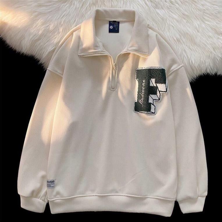 Polo Khóa Cổ Thêu Chữ F Dáng rộng Kiểu Dáng Hàn Quốc Nam Nữ Unisex Tay Bồng