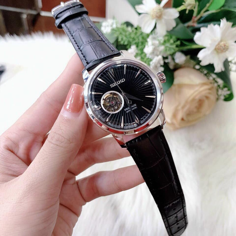 Đồng hồ Nam seiko hở vành tóc chạy cơ automatic mặt đen vỏ trắng dây da máy Nhật 40mm