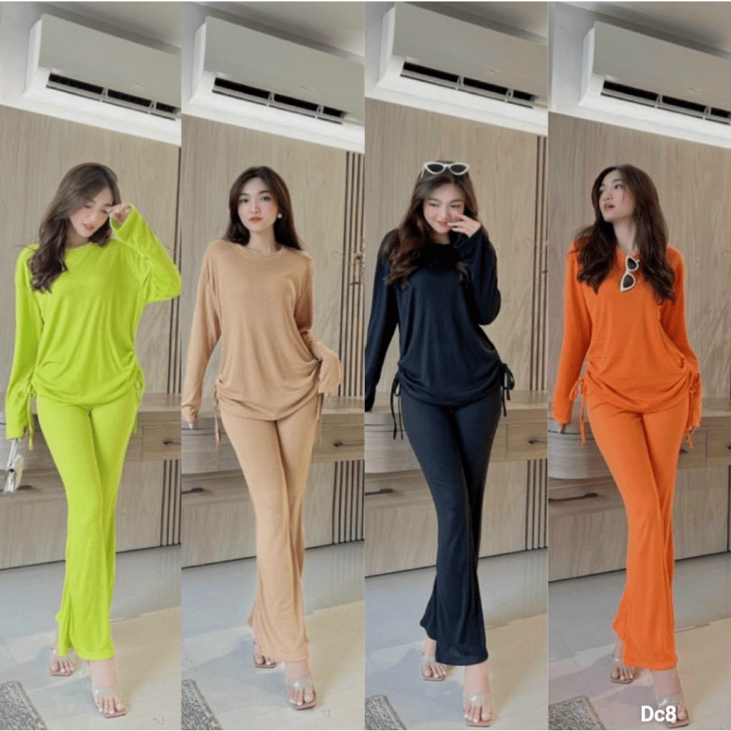SÉT BỘ COTTON ÁO CỔ TRÒN TAY DÀI PHỐI QUẦN ỐNG LOE CÙNG MÀU MẶC NHÀ THOẢI MÁI UP Thời Trang hhp 2022