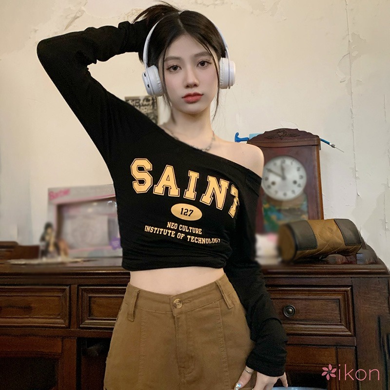 Áo Thun Tay Dài Hở Vai In Họa Tiết Phong Cách Hàn Quốc Thời Trang Cho Nữ