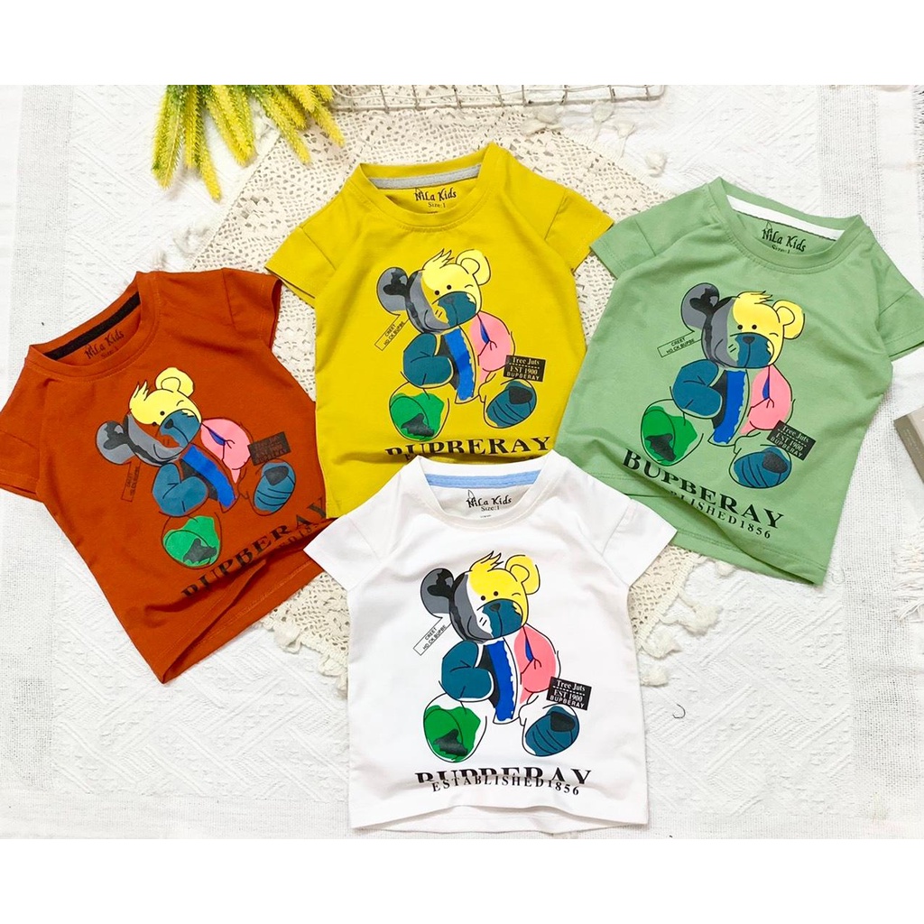 Áo thun bé trai ngắn tay in hình gấu chất liệu thun cotton 100% co giản 4 chiều cho bé từ 9-35kg