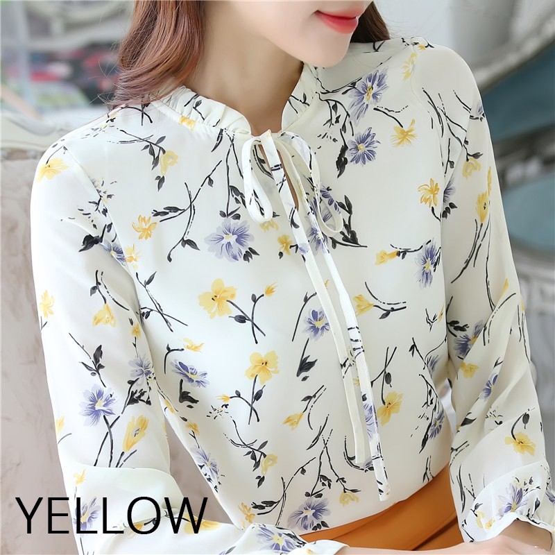 Áo chiffon tay dài họa tiết hoa thanh lịch cho nữ