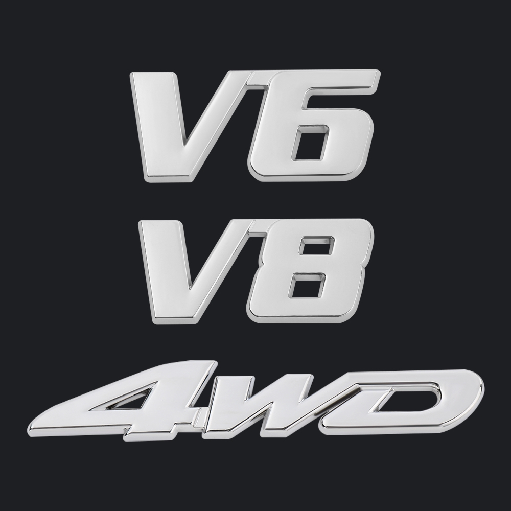 Decal kim loại nổi 3D 4WD V6 V8 dán xe hơi