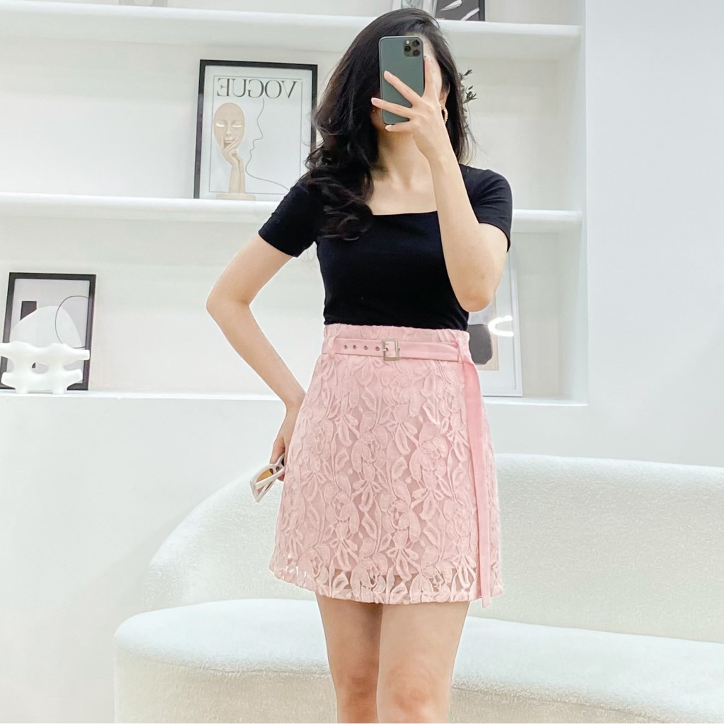 Chân váy ren chữ A kèm dây belt phong cách barbiecore Vella Fashion VV19149