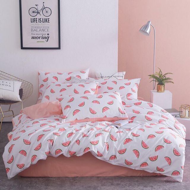 Bộ DƯA HẤU ĐÁNG YÊU set cotton poly 4 món chăn ga gối Hàn Quốc