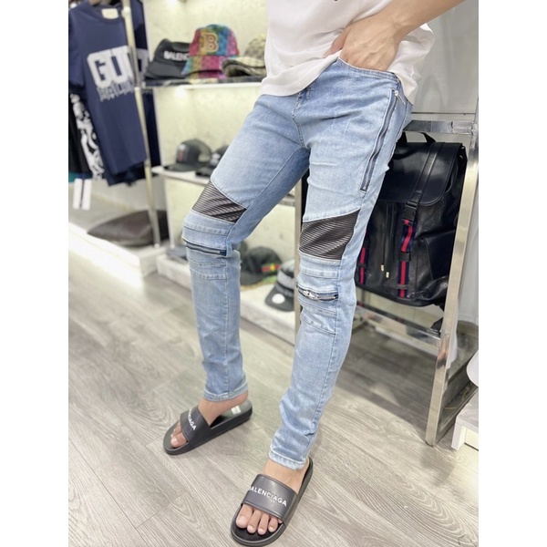 Quần Jean Biker Nam Pha Nhăn Da Khoá Zip Bản Cao Cấp QJ123P