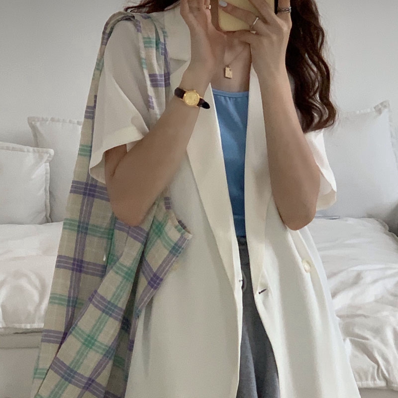 Áo Khoác Blazer Tay Ngắn Dáng Rộng Màu Sắc Đơn Giản Phong Cách Hàn Quốc | BigBuy360 - bigbuy360.vn