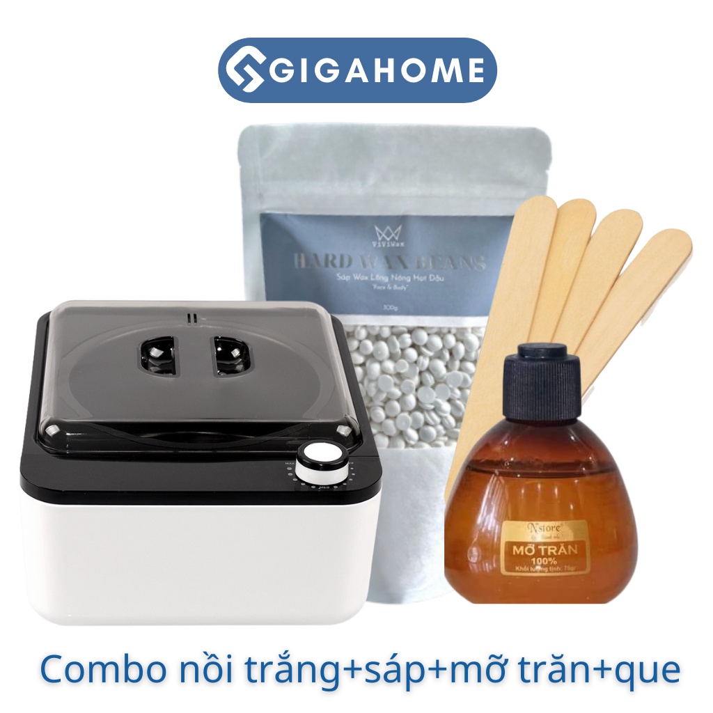 Combo Full Nồi Nấu Sáp Chống Dính + 100g Sáp Sữa Dừa + 75g Mỡ Trăn + Tặng 5 Que Sáp GIGAHOME Cao Cấp