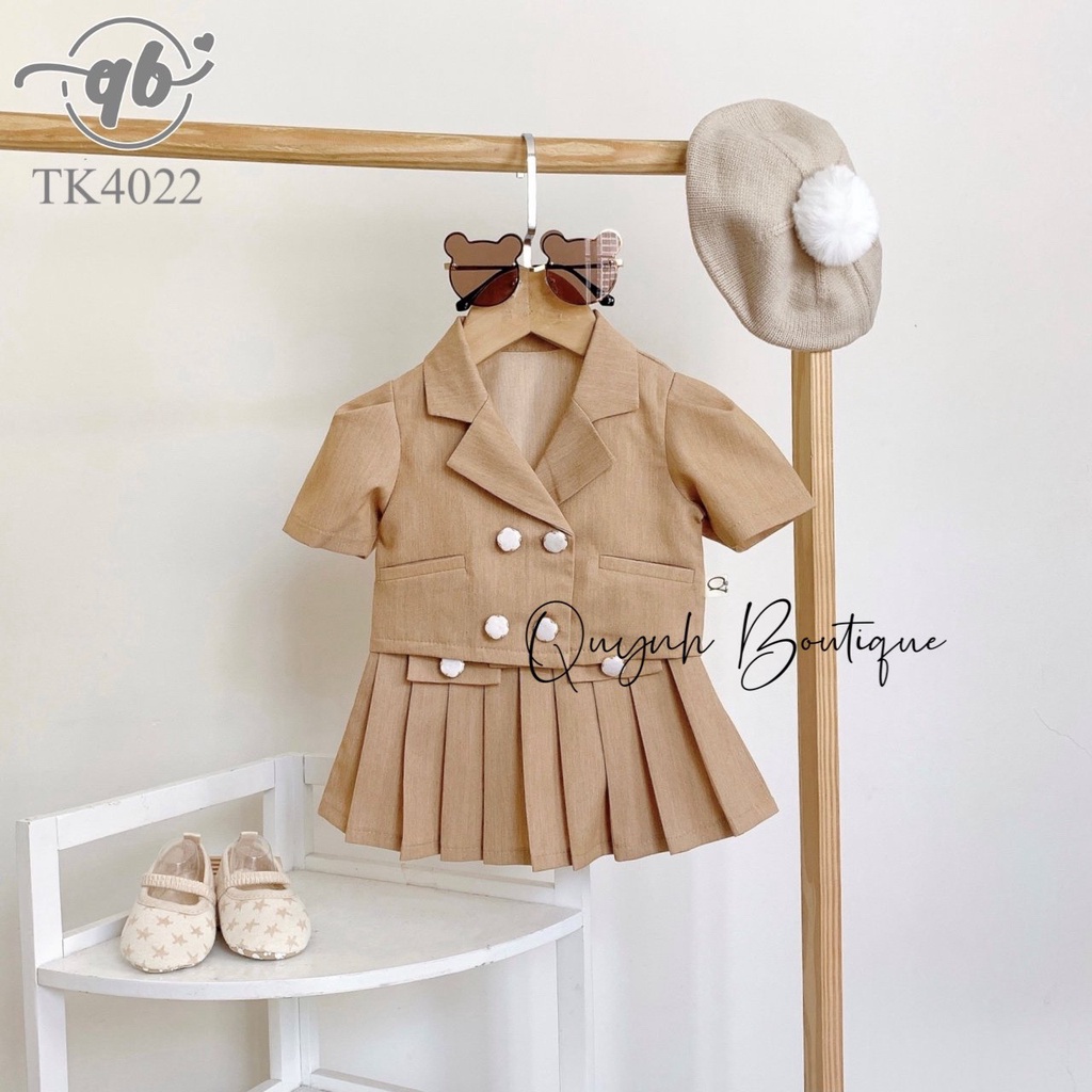 Quần áo trẻ em Quỳnh Boutique Set áo vest cộc và chân váy xếp li cho bé yêu