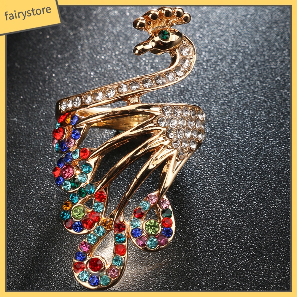 Nhẫn mạ vàng hình chim công đính đá phong cách retro thời trang