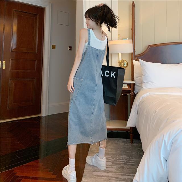 Đầm Yếm Denim Dáng Rộng Xẻ Tà Thời Trang Cho Nữ