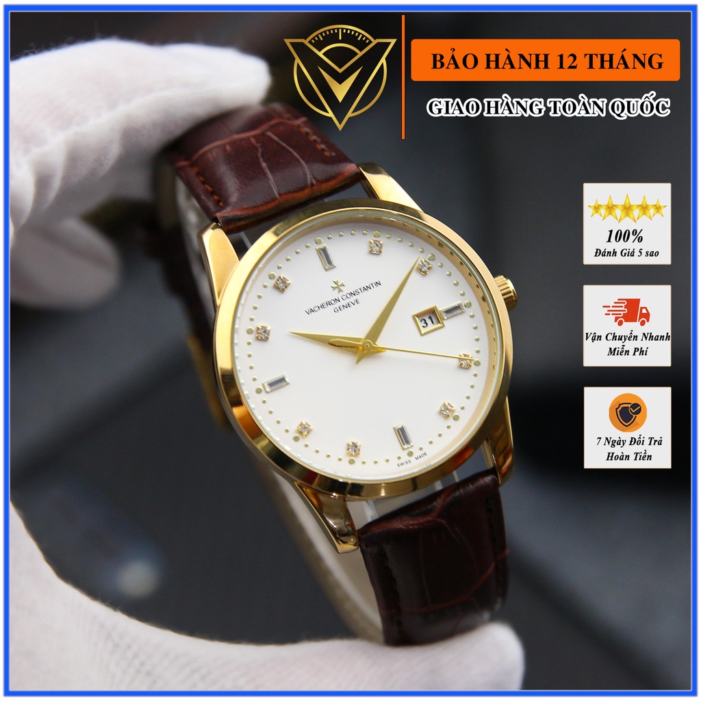 Đồng Hồ - Đồng Hồ Nam Vacheron - Dây Da Cao Cấp - Full Box - Mặt Đính Đá Đẳng Cấp Sang Trọng - Bảo Hành 12 Tháng