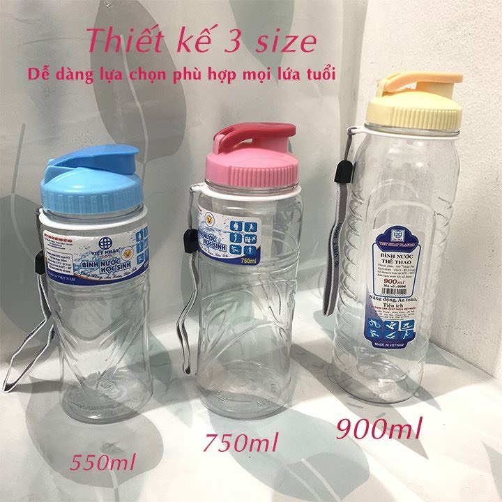 Bình nước học sinh Việt Nhật 550ml,750ml,900ml – Bình nước thể thao có quai dù treo TTS 0088/0089/0090