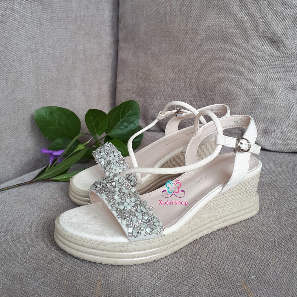 Giày sandal Dusto quai ngang phủ ánh kim, đế xuồng cao 6.5cm (có sẵn)