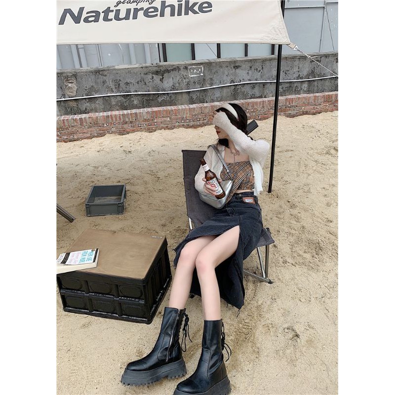 Chân váy jeans dài xẻ đùi cao phối đai eo chéo cá tính