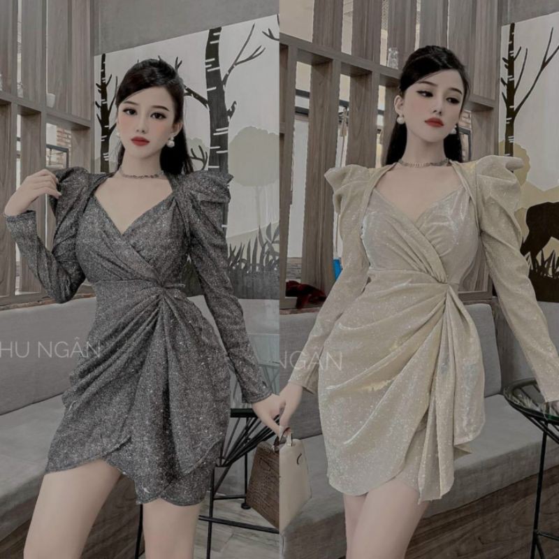 Đầm Body Nhũ Kim Tuyến  DỰ TIỆC tay dài phồng eo xếp kiểu HÀNG THIẾT KẾ Rẻ Đẹp