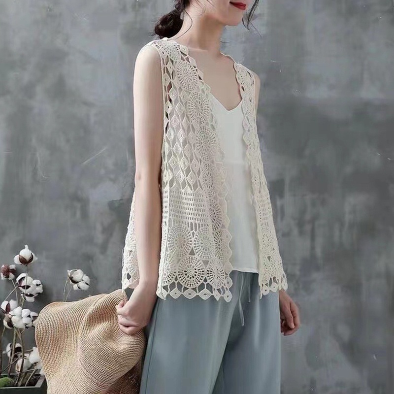 Brroa Áo Khoác Cardigan Không Tay Hở Trước Họa Tiết Hình Học Phối Ren Đính Kim Cương Phong Cách Bohemia Cho Nữ