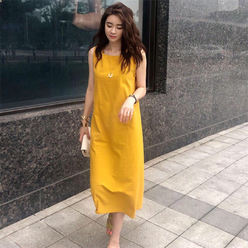 Váy xuông sát nách + NO1+chất Linen+Màu vàng