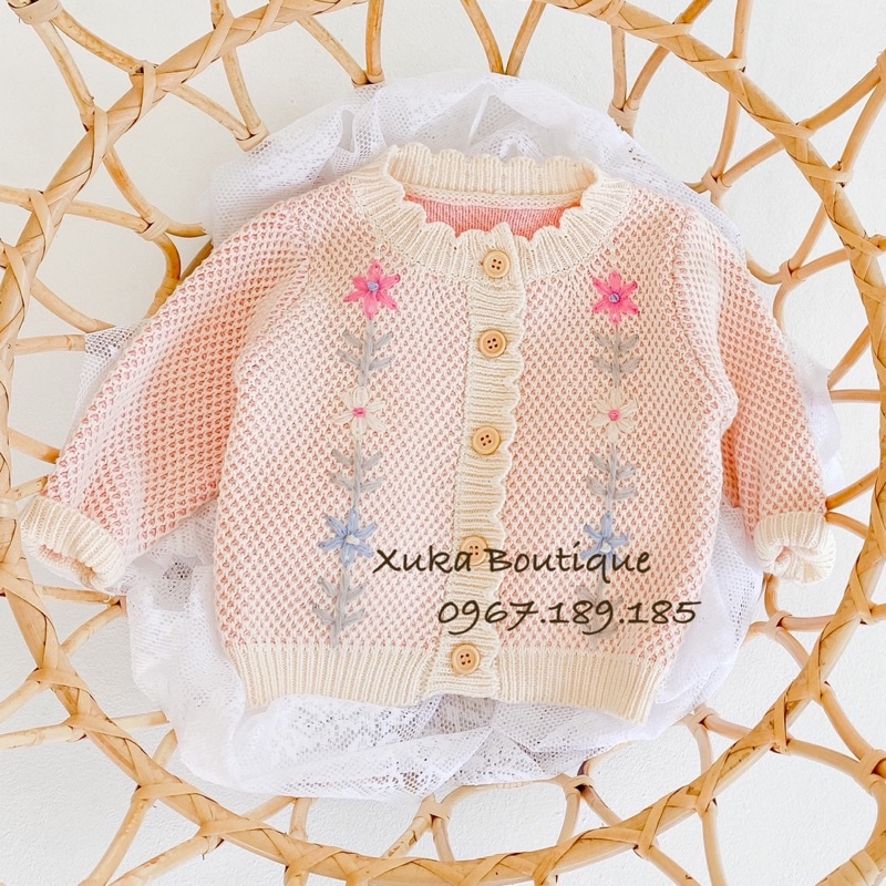 Áo Khoác Cardigan Len Bé Gái - Xuka Boutique - Áo Len Dài Tay Thêu Hoa Cao Cấp Giữ Ấm Cho Bé Yêu