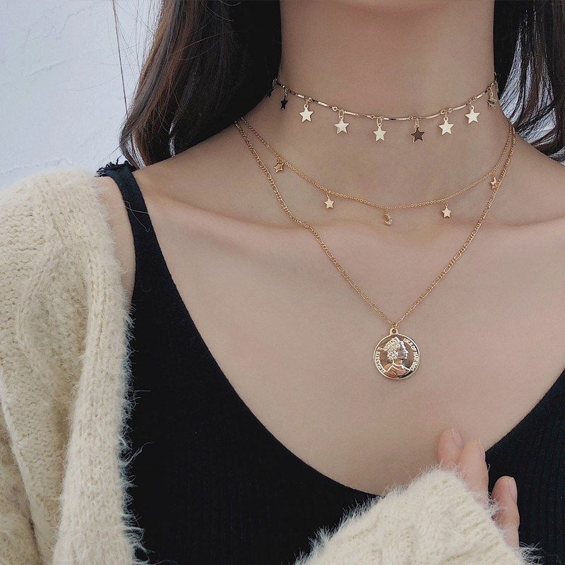 Dây Chuyền Cho Nữ Mặt Dây Chân Dung Hình Đồng Xu Cổ Điển Phong Cách Hàn Quốc B10