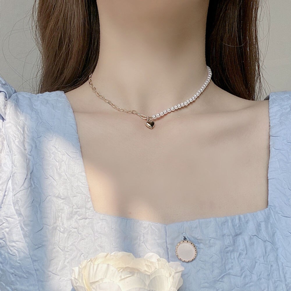 Vòng cổ choker phối chuỗi ngọc trai nhân tạo mặt hình trái tim thời trang