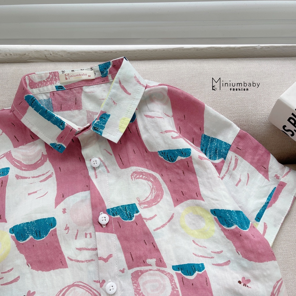 Áo sơ mi cộc tay/ tay lỡ cho bé mặc mùa hè, họa tiết bé trai, bé gái họa tiết ô tô, trái cây miniumbabyfashion A1212