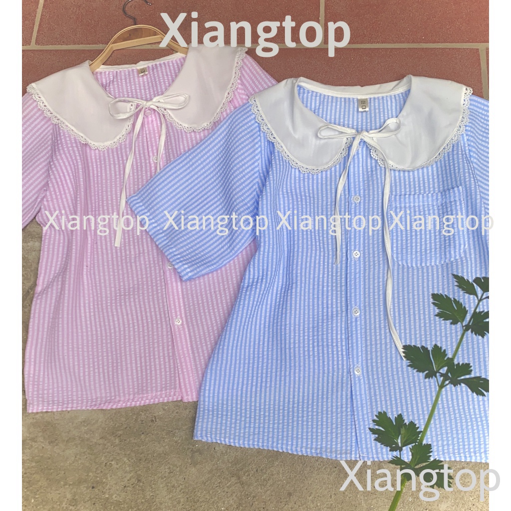 Áo sơ mi kẻ cổ bèo tiểu thư 2 màu ngắn tay kaca aosomicongsothietke