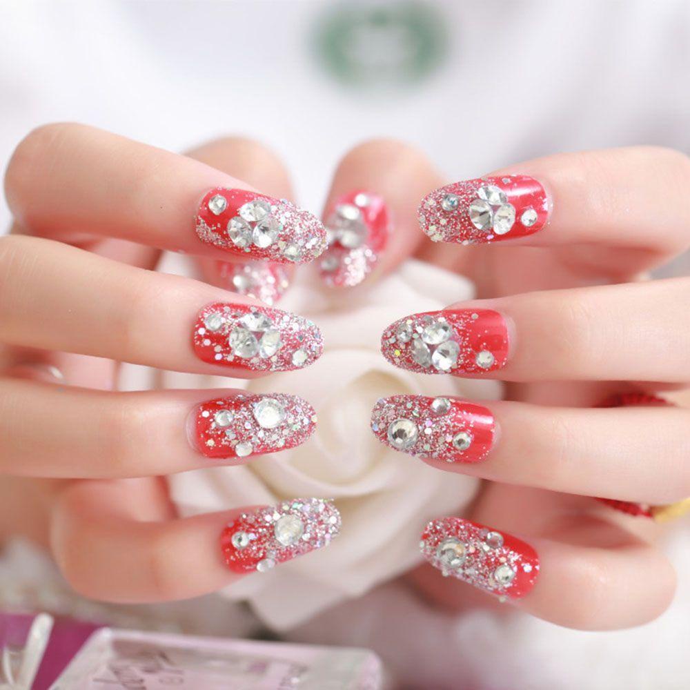 DIACHAVN Bộ Móng Tay Giả Kèm Keo Dán Đính Đá Lấp Lánh