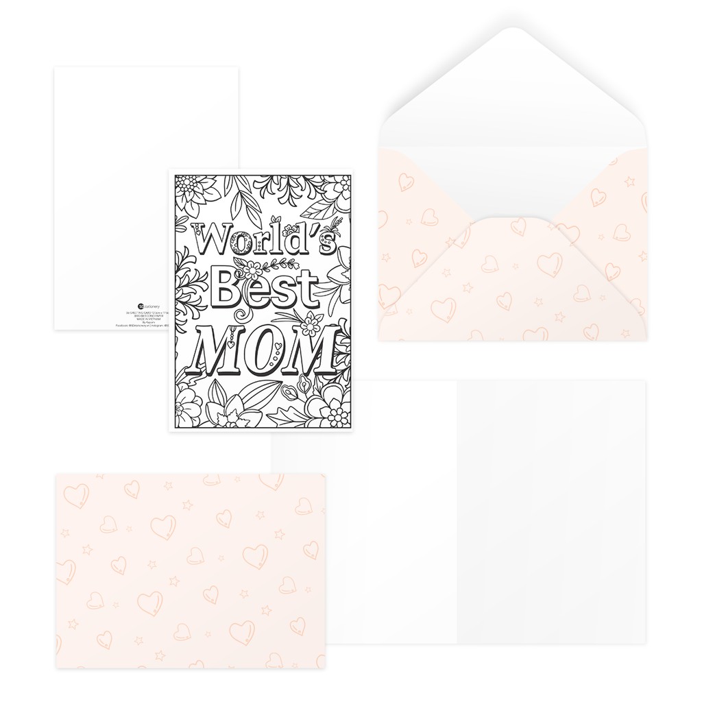 Thiệp tô màu tặng mẹ, mother’s day, ngày phụ nữ, Vu Lan WOLRD’S BEST MOM 12,5x17,6 SDstationery COLORING hoa, typography