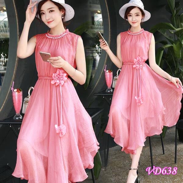 Đầm xòe cổ kết ngọc trai kèm dây cột đính hoa