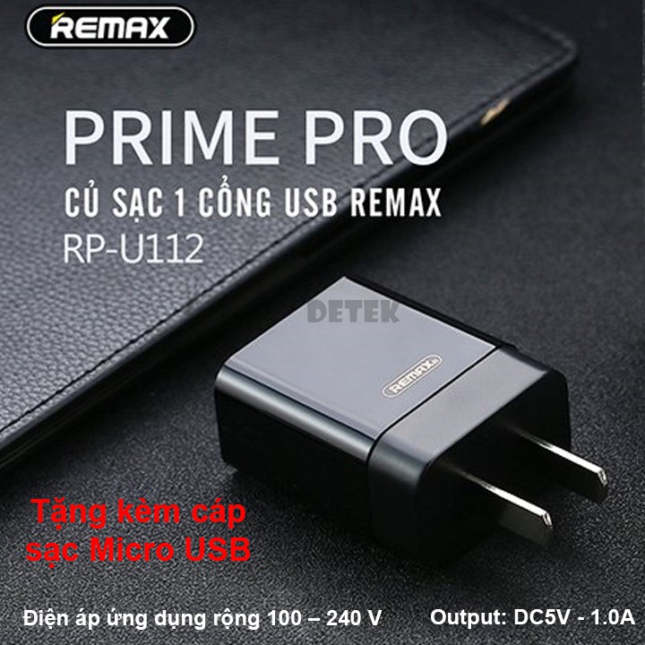 Cóc sạc điện thoại Remax RP-U112 5V-1.0A tặng kèm cáp sạc MicroUSB (Màu ngẫu nhiên)