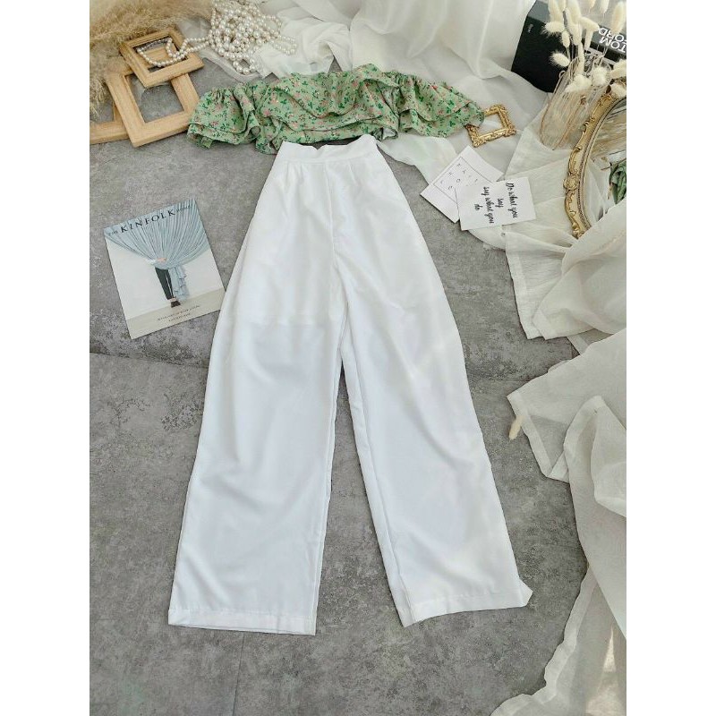 [Corn9] SET CROP BẸT VAI HOA + Quần SUÔNG TRẮNG