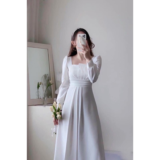 ĐẦM THIẾT KẾ DỰ TIỆC MIDI TAY DÀI - VÁY TRẮNG NUDE ĐỎ - GD149