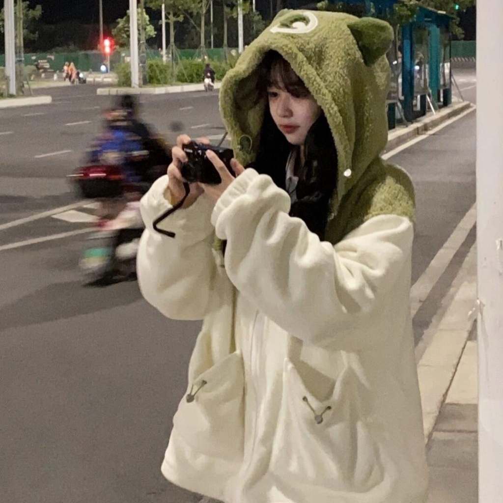 Áo Khoác Giả Lông Cừu Phối Màu Dễ Thương Phong Cách Hàn Quốc Thời Trang Thu Đông