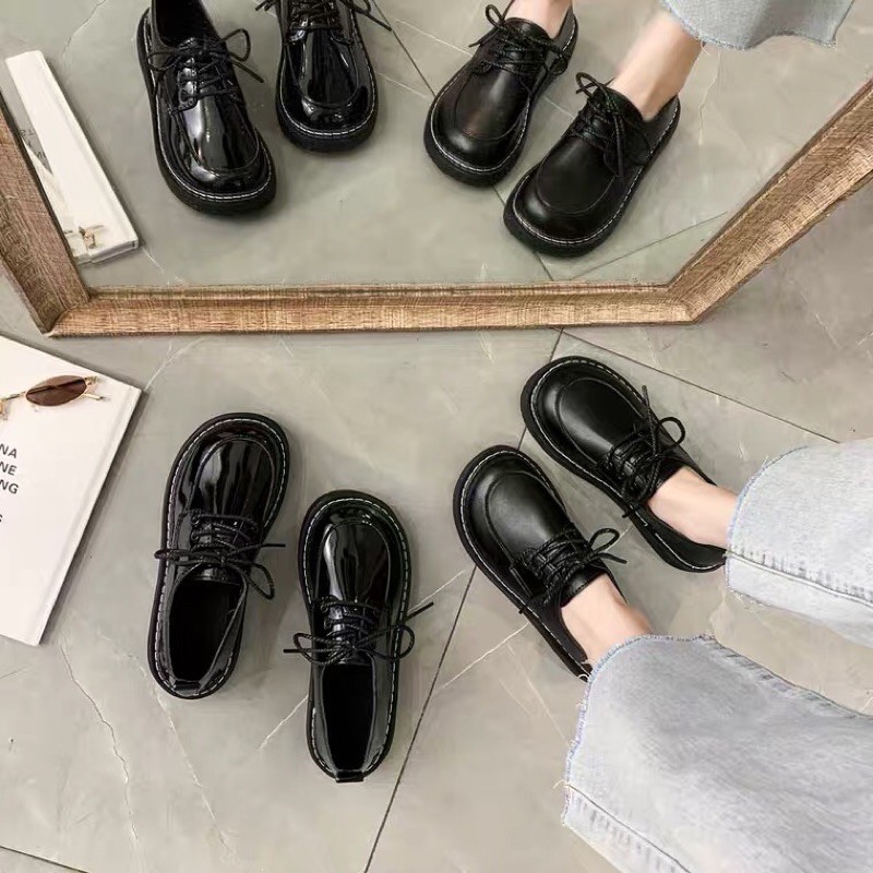 Giày oxford nữ Lolita da lì mũi tròn - Giày boots bốt ulzzang